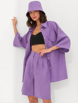 Femme's Fashionable Simple Coton & Linen Top & Courte Two-piece Set