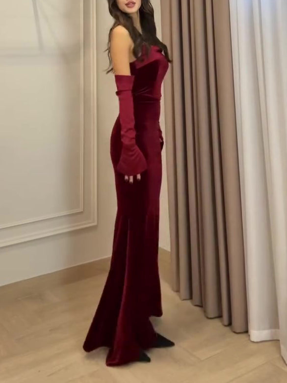 Robe Longue Velours Bordeaux Sans Bretelles | VELORA