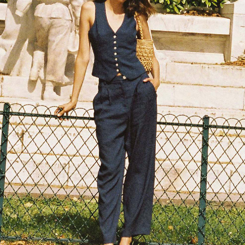 Fashion Blue Sans Manches Button Set – Élégance Intemporelle