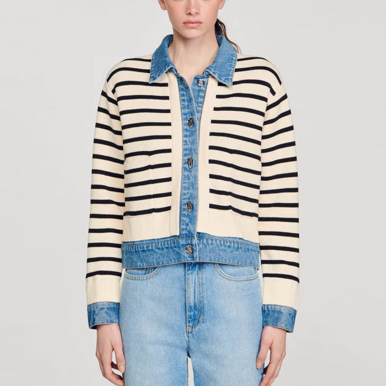 Collar Contrast Color Striped Knitted Short Coat — VELORA