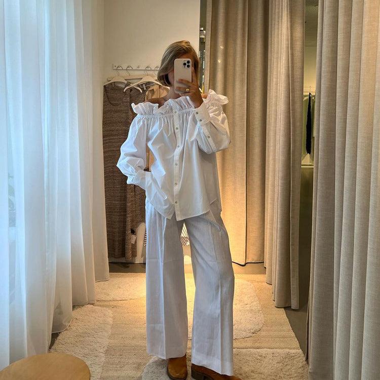 Ruffled Épaules Dénudées Cardigan White Chemise Ample Wide Leg Pantalon Tailleur