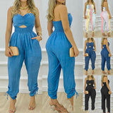 European & American Femme's New Blue Tube Top One-piece Pantalon