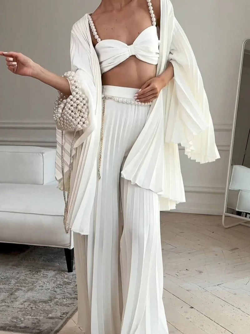Ensemble Trois-Pièces White Pleated Vest - Élégance Intemporelle