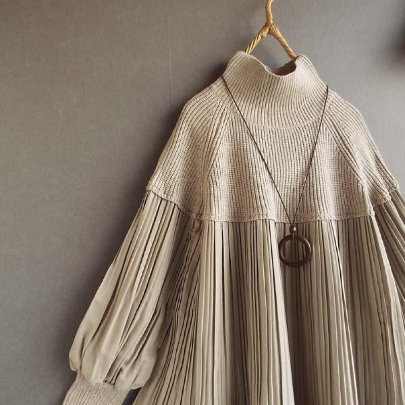 Women's Knitted Patchwork Turtleneck Top With Puff Sleeves — mode femme