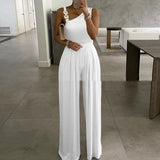 Femme's Metal Buckle Vest Top Taille Haute Wide Leg Combinaison