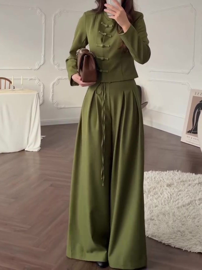 Ensemble 2 Pièces Crop Top Mandarin & Pantalon Large