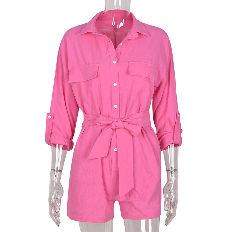 Ample Button Down Chemise Collar Belt Manches Courtes Playsuit