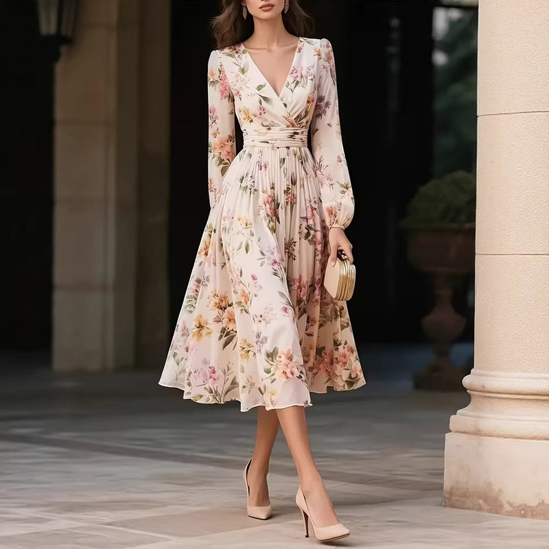 Robe Longue Manches Longues Col V Imprimée – Élégance Féminine