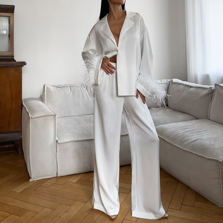 Ensemble Deux-Pièces Casual Chic - Top Revers et Pantalon Coutures Plume