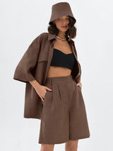 Femme's Fashionable Simple Coton & Linen Top & Courte Two-piece Set