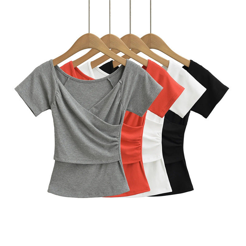 Hot Girl Cross V-neck Pure Desire Sexy Short Sleeve Slim Fit — VELORA