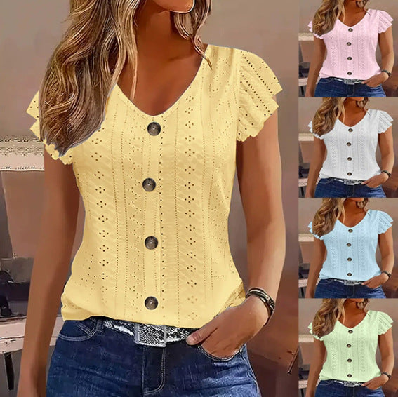 T-Shirt Femme Col V Jacquard & Boutons - Élégance Intemporelle