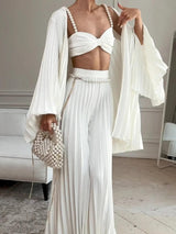 Ensemble Trois-Pièces White Pleated Vest - Élégance Intemporelle