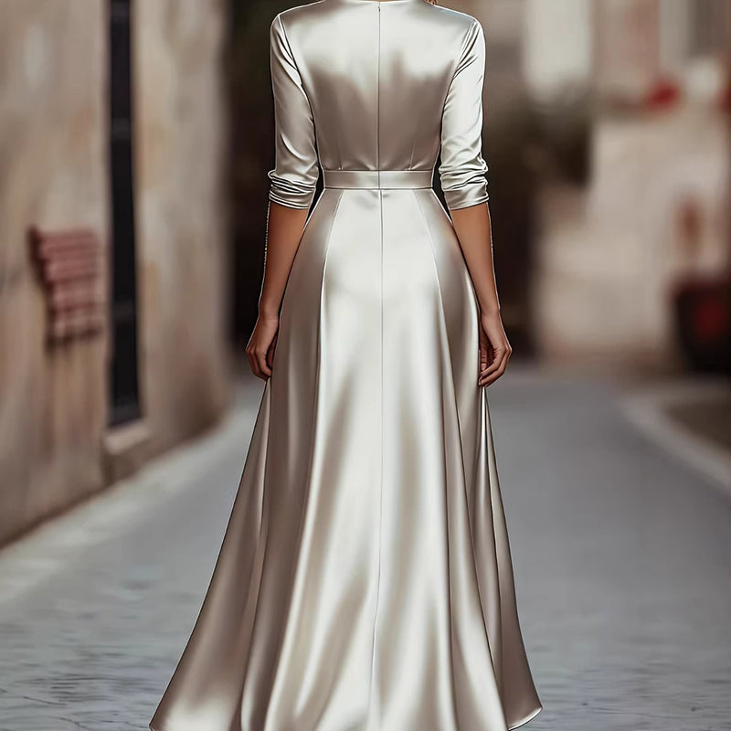 Robe Col V Luxueuse Style Français – Sophistication Naturelle