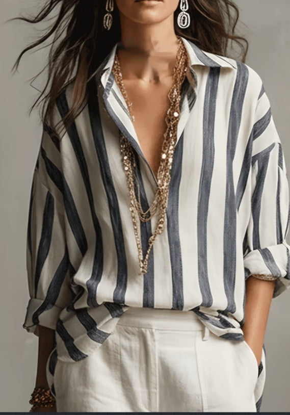 French Lazy Style Textured Rayé Lapel Top