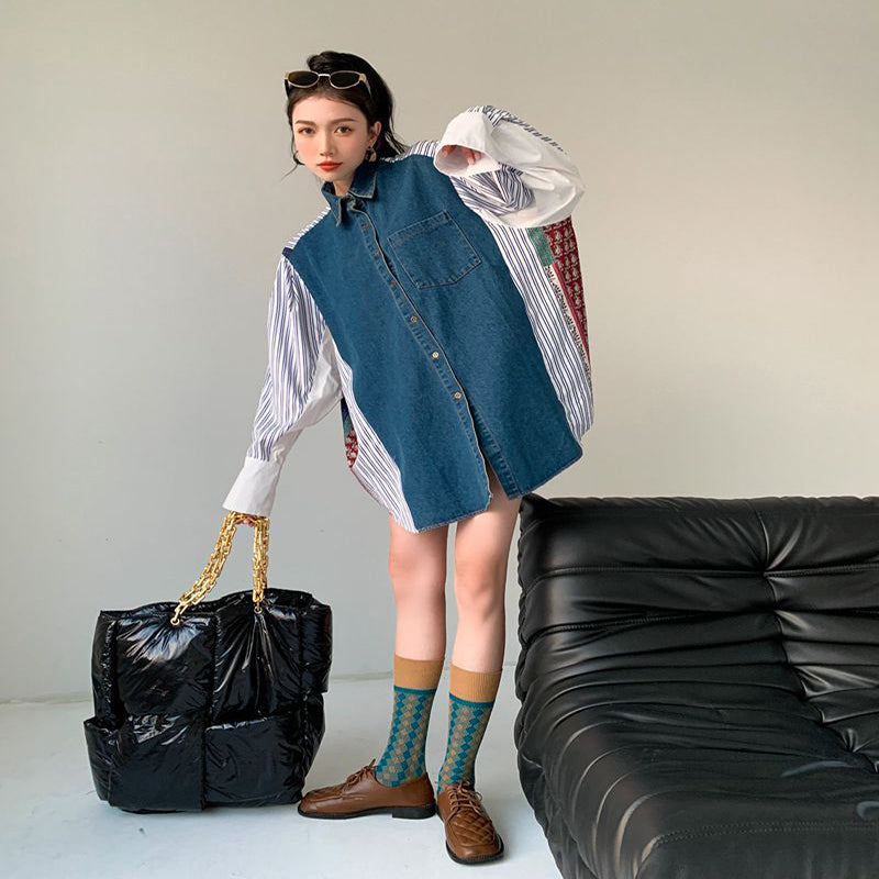 Women's Denim Patchwork Pattern Shirt Dress Loose Korean Sty — mode femme