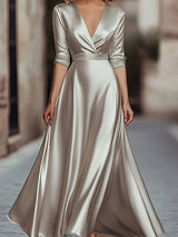 Robe Col V Luxueuse Style Français – Sophistication Naturelle