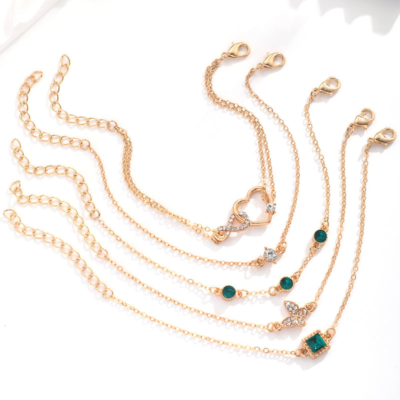 SET 5 BRACELETS CRISTAL VERT BOHÈME CŒUR MARIAGE FEMME TENDANCE