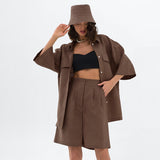 Femme's Fashionable Simple Coton & Linen Top & Courte Two-piece Set