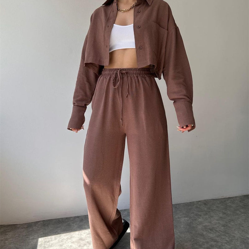 Femme's Fashion Casual Uni Longue-sleeved Casual Chemise & Pantalon Tailleur
