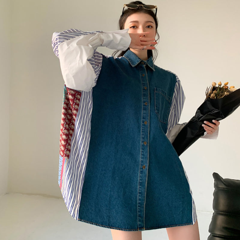 Women's Denim Patchwork Pattern Shirt Dress Loose Korean Sty — VELORA