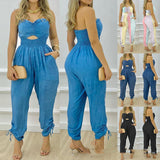European & American Femme's New Blue Tube Top One-piece Pantalon