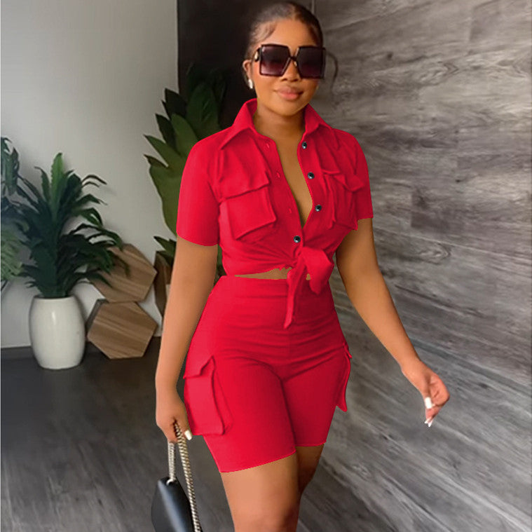 Urban Style Chemise Manches Courtes Courte Uni Two-piece Set