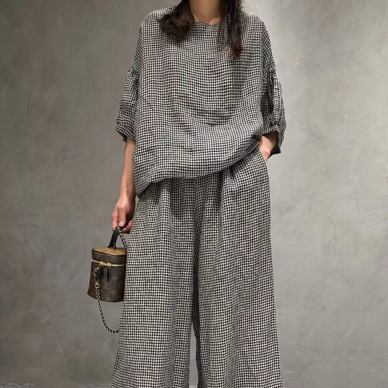 Half Sleeve Linen Carreaux Col Rond T-Chemise Wide Leg Pantalon