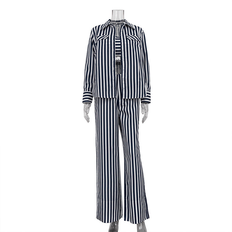 Rayé Manches Longues Cardigan Chemise Tube Top Wide Leg Pantalon Three-piece Set