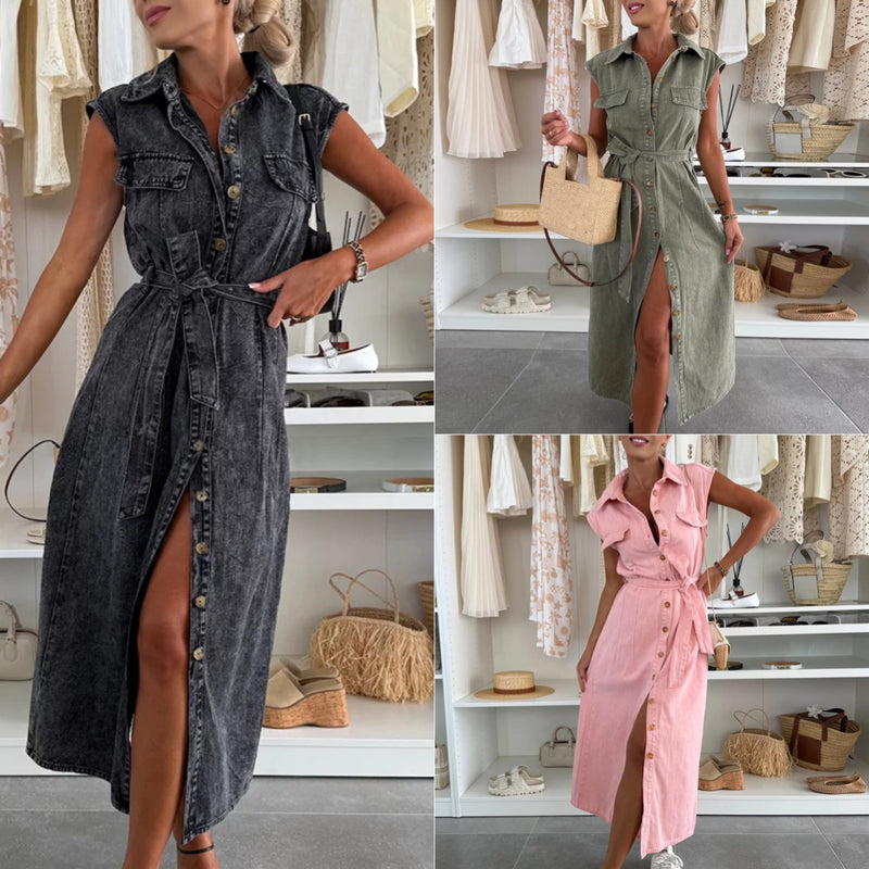 Femme's Casual Sans Manches Dentelle-up Longue Dresses Fashion Pockets Uni Soirée Bureau Élégant Lapel Single Breasted Denim Robe Summer