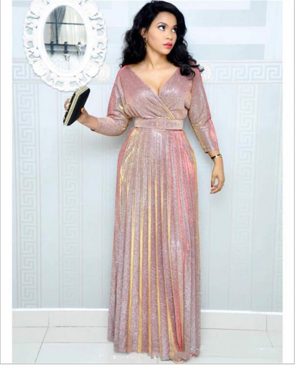 Robe Décolleté V Bronze à Poches – Élégance Dorée