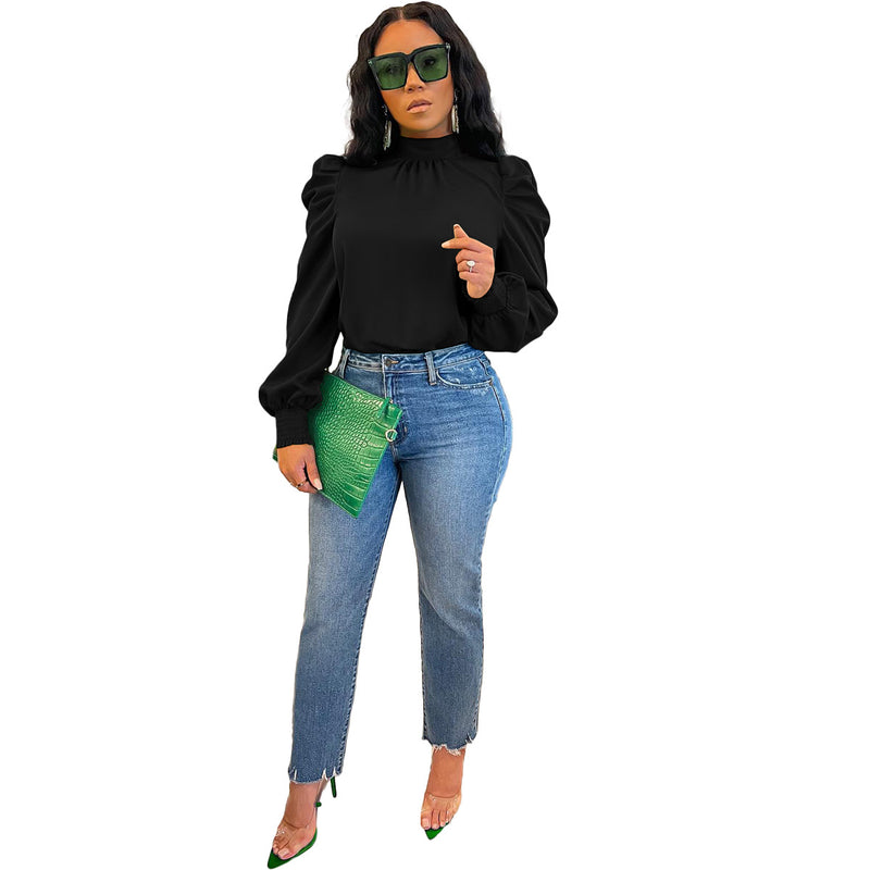 Stand Collar Puff Sleeve Back Lace-up Top — mode femme