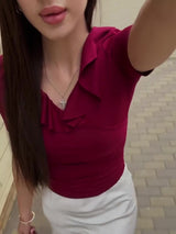 Red V-neck Ruffled Short-sleeved Top — tendance 2026