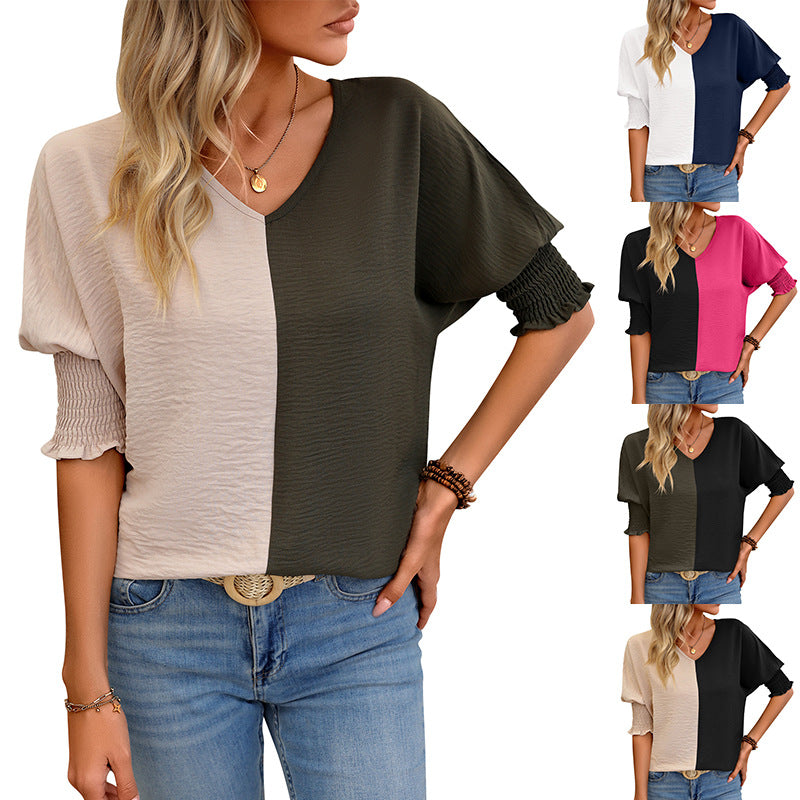 Top Smocking Décolleté V - Manches Batwing Contrastées