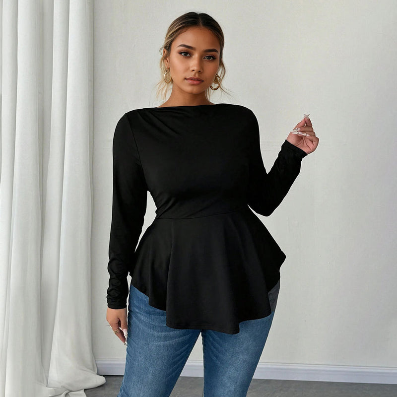 Irregular Hem Pleated Waist-cinching Long-sleeved Sexy Top — VELORA