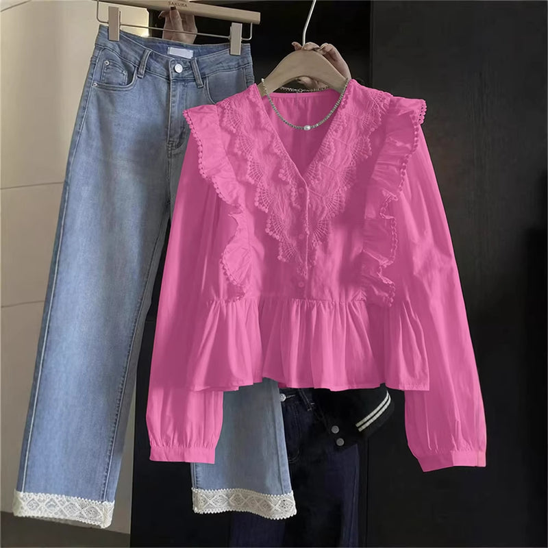 Womens Casual Solid-Color Lace-Patchwork Ruffle-Trim Long-Sl — VELORA