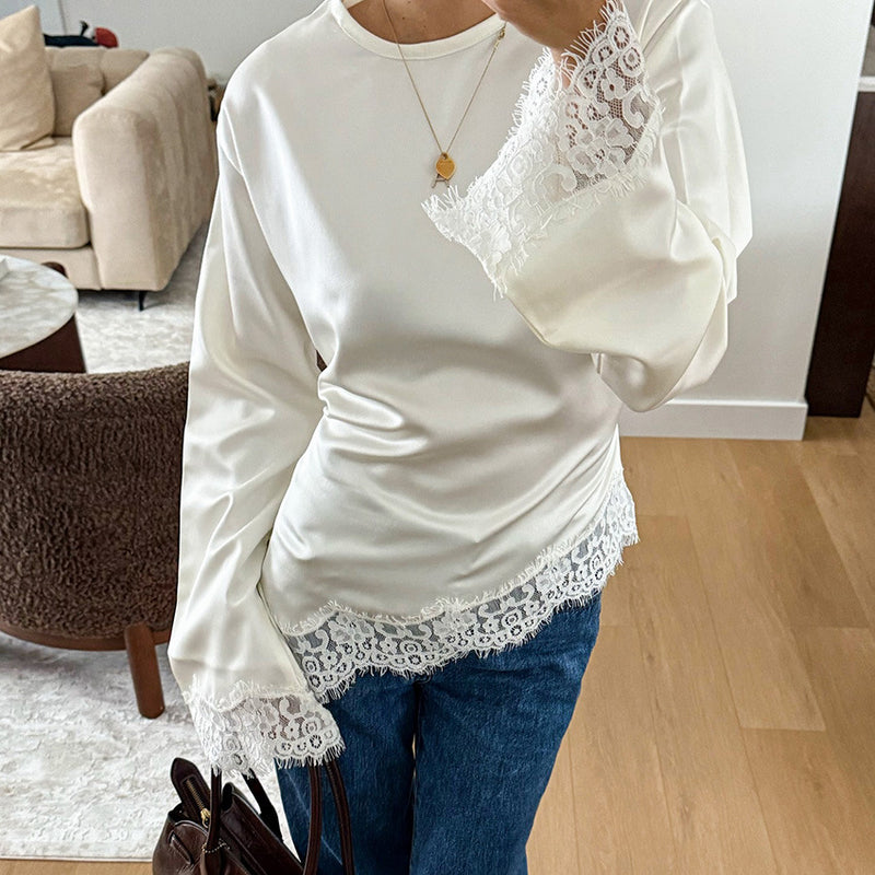 Casual Solid Color Lace Patchwork Top — mode femme