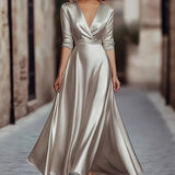 Robe Col V Luxueuse Style Français – Sophistication Naturelle