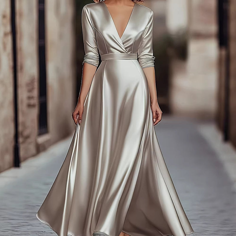 Robe Col V Luxueuse Style Français – Sophistication Naturelle