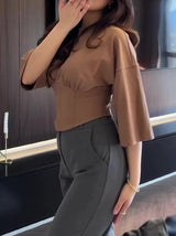 Solid Color Short Sleeve Cropped Top — boutique en ligne