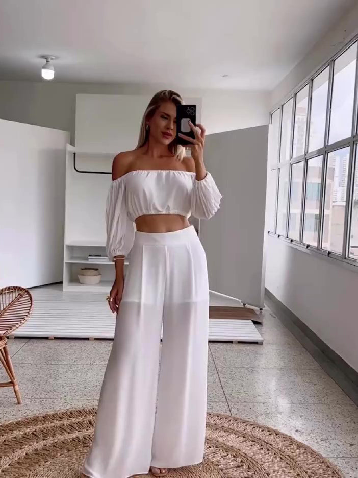 White One-shoulder Pleated Top & High-waisted Pantalon Set