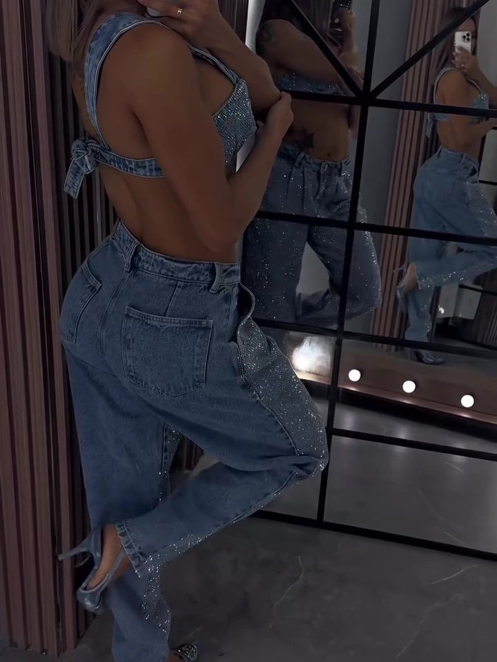Élégant Glittery Denim Crop Top & Pantalon Ensemble