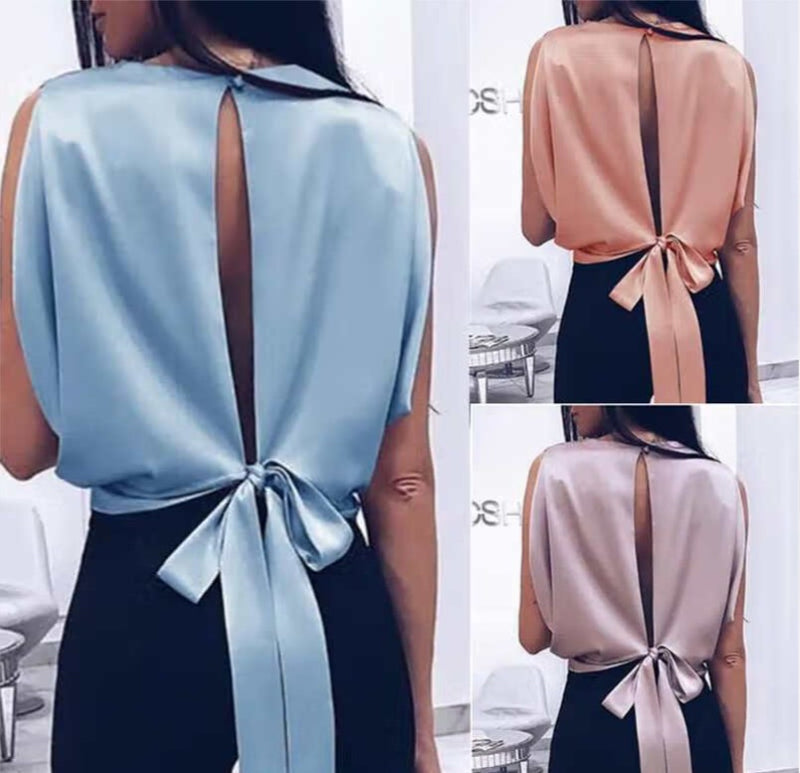 European And American Sexy Backless Tie Back Satin Top Sleev — mode femme