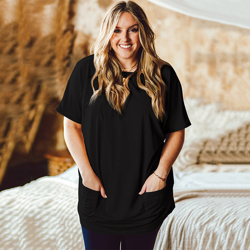 Plus Size Women's Pullover Summer Solid Color Round Neck Sho — VELORA