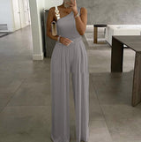 Femme's Metal Buckle Vest Top Taille Haute Wide Leg Combinaison