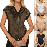 Top Sequins Col V Manches Courtes – Scintillement de Soirée