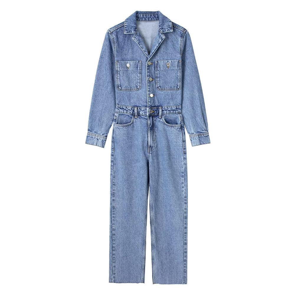 Combinaison Denim Élégante Revers & Manches Longues
