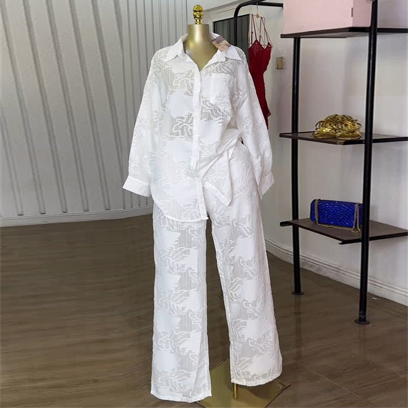 Lapel Patch Pocket Manches Longues Chemise Taille Haute Straight Pantalon Two-piece Set