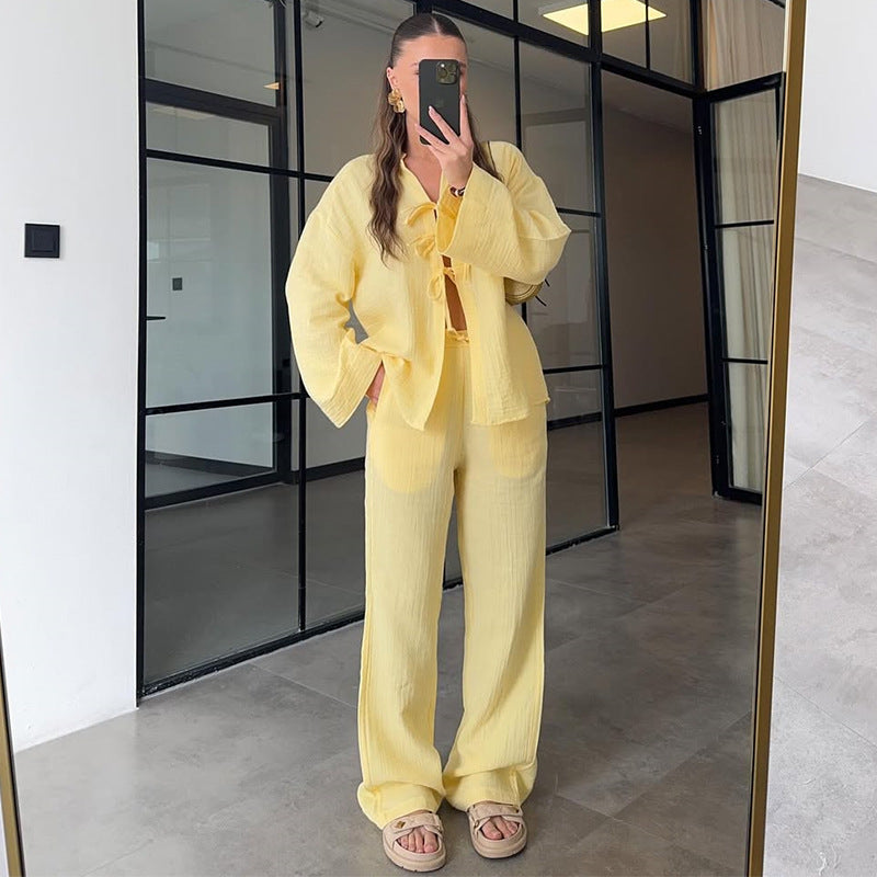 Summer New Uni Bow Manches Longues Chemise Wide Leg Pantalon Casual Tailleur