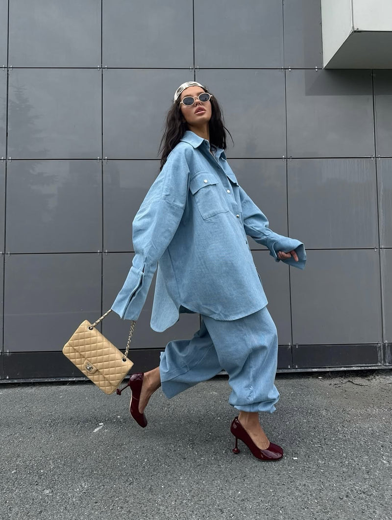 Light Blue Denim Oversize Chemise & Baggy Pantalon Set